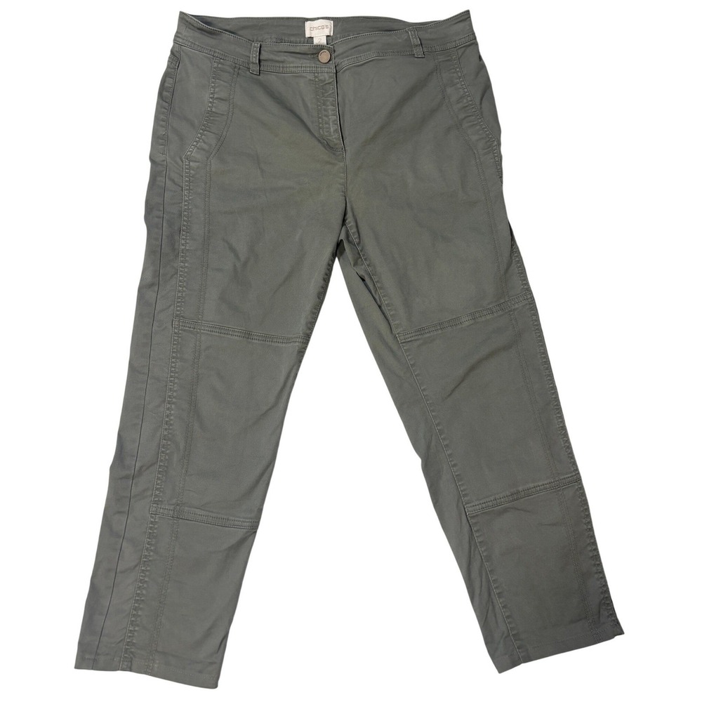 Chicos Olive Green Utility Ankle Pants Womens Size L (2) Straight Leg Moto